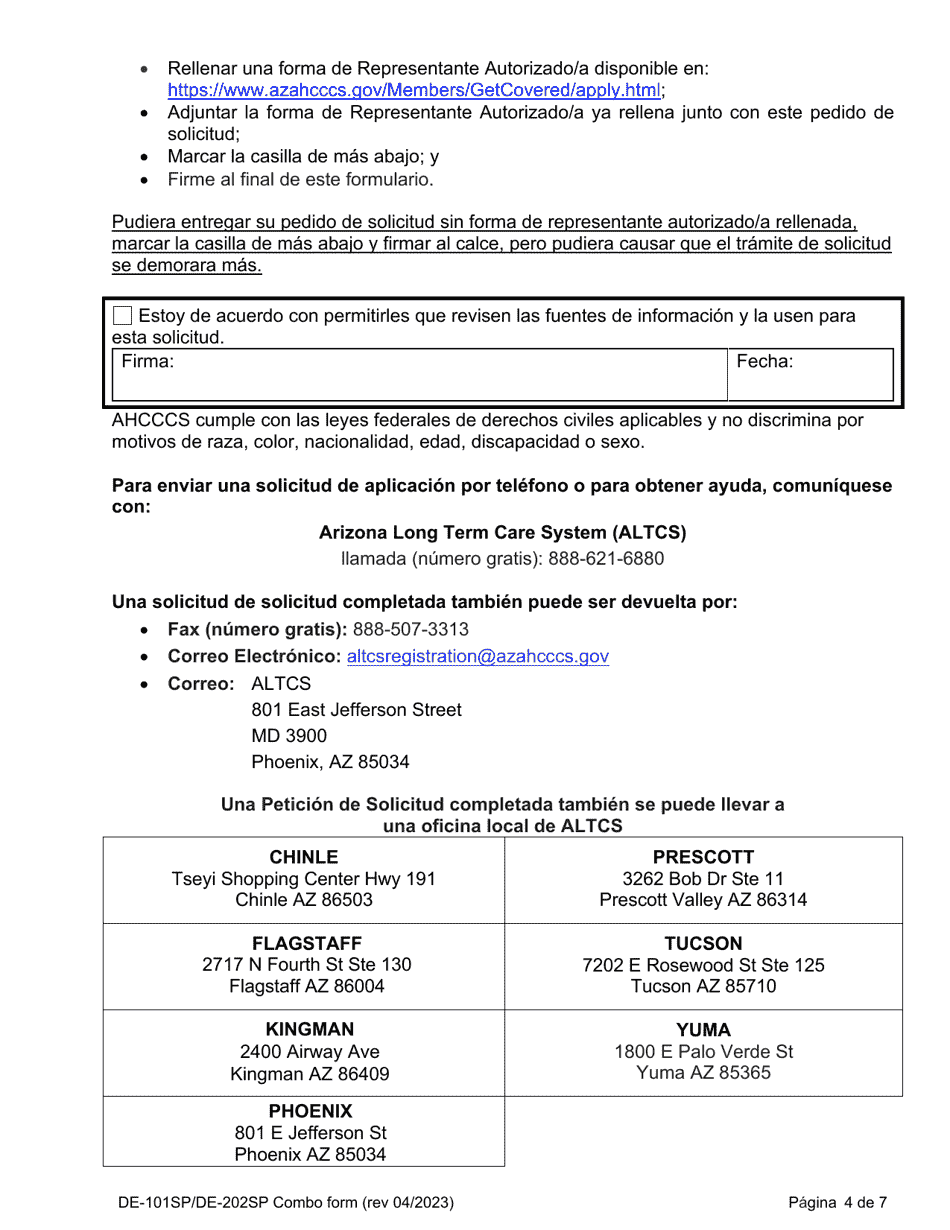 Formulario DE-101SP (DE-202SP) Peticion Para Solicitud De Servicios Ahcccs Cuidado De Largo Plazo - Arizona (Spanish), Page 4