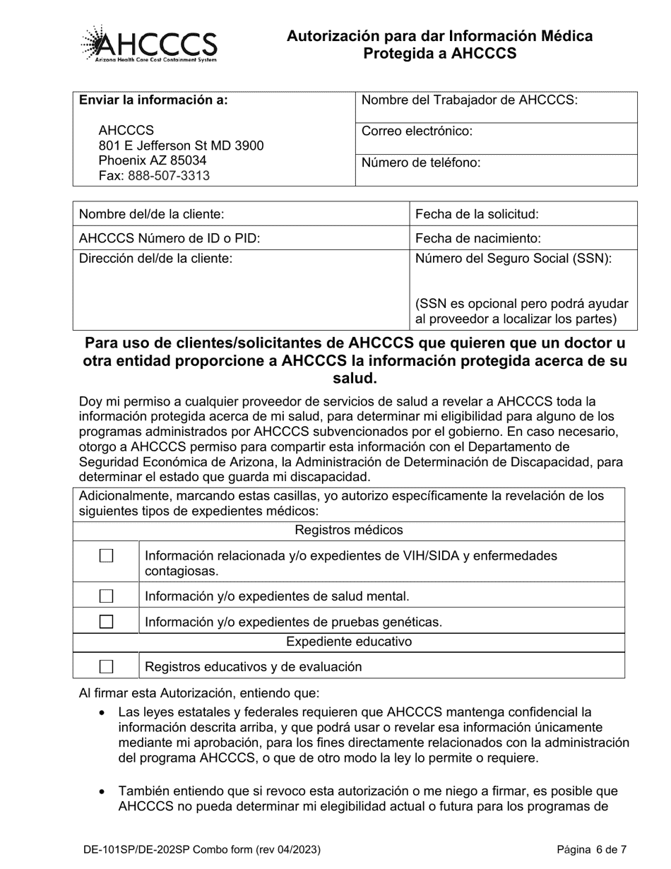 Formulario DE-101SP (DE-202SP) Peticion Para Solicitud De Servicios Ahcccs Cuidado De Largo Plazo - Arizona (Spanish), Page 6
