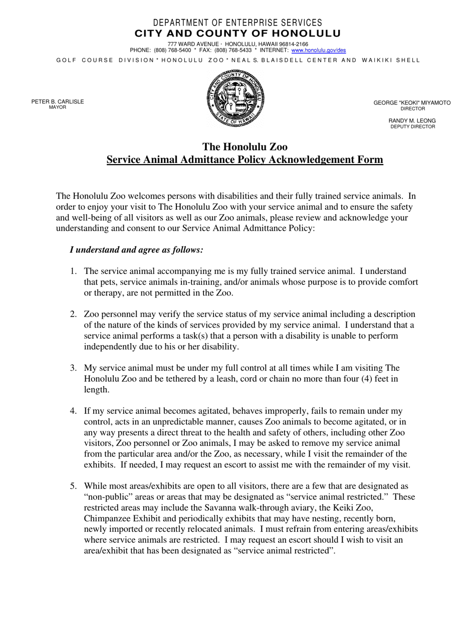 City and County of Honolulu, Hawaii The Honolulu Zoo Service Animal Admittance Policy