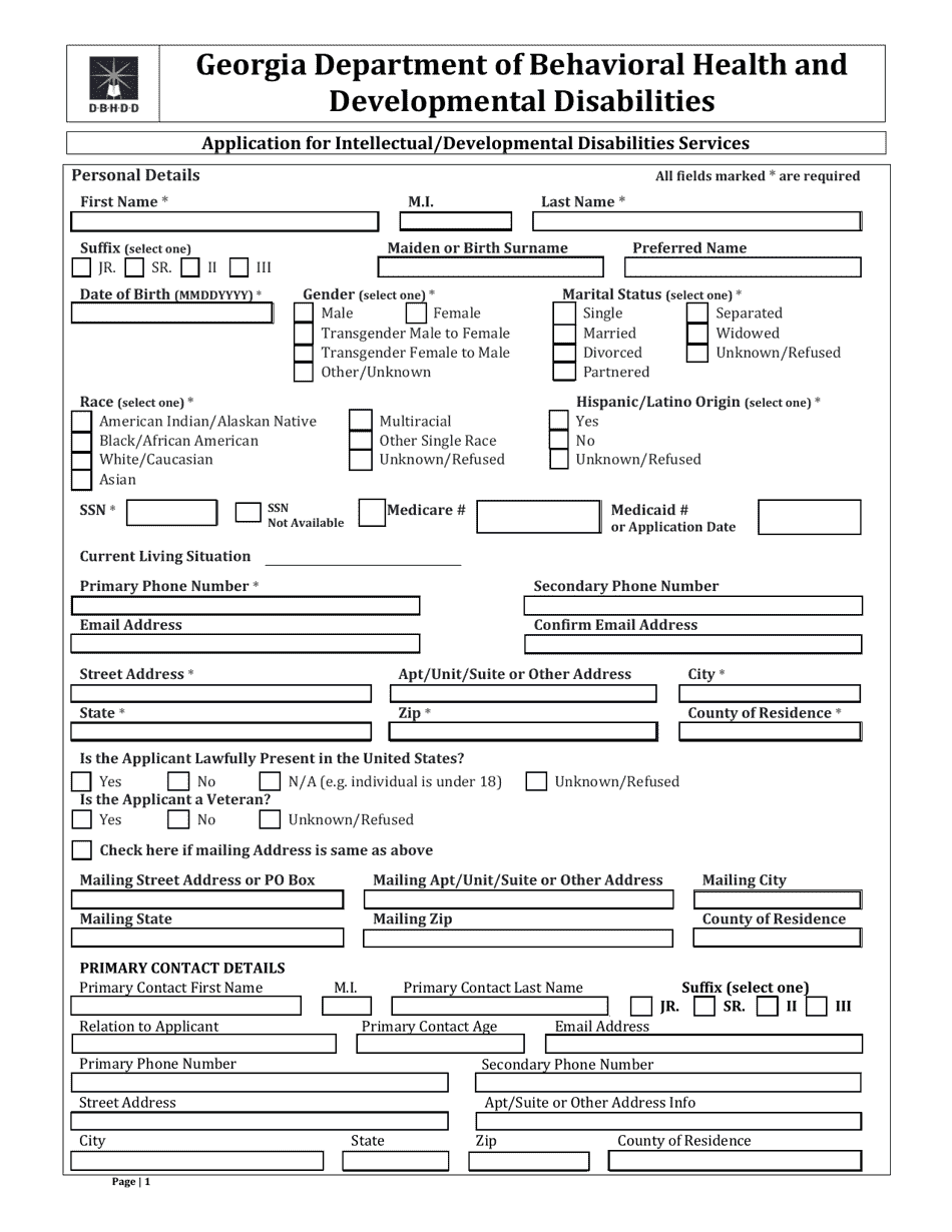 Application for Intellectual / Developmental Disabilities Services - Georgia (United States), Page 1