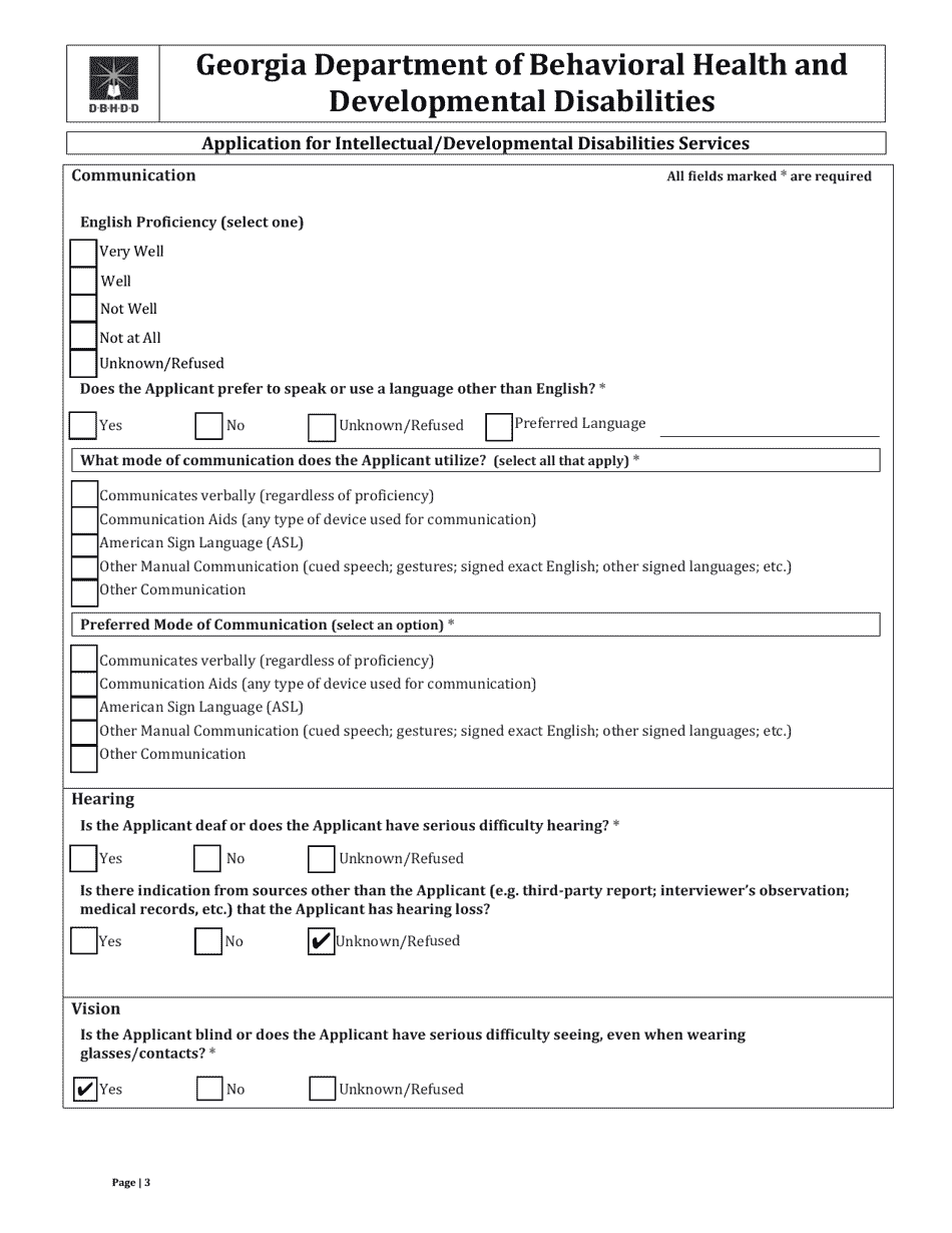 (United States) Application for Intellectual/Developmental