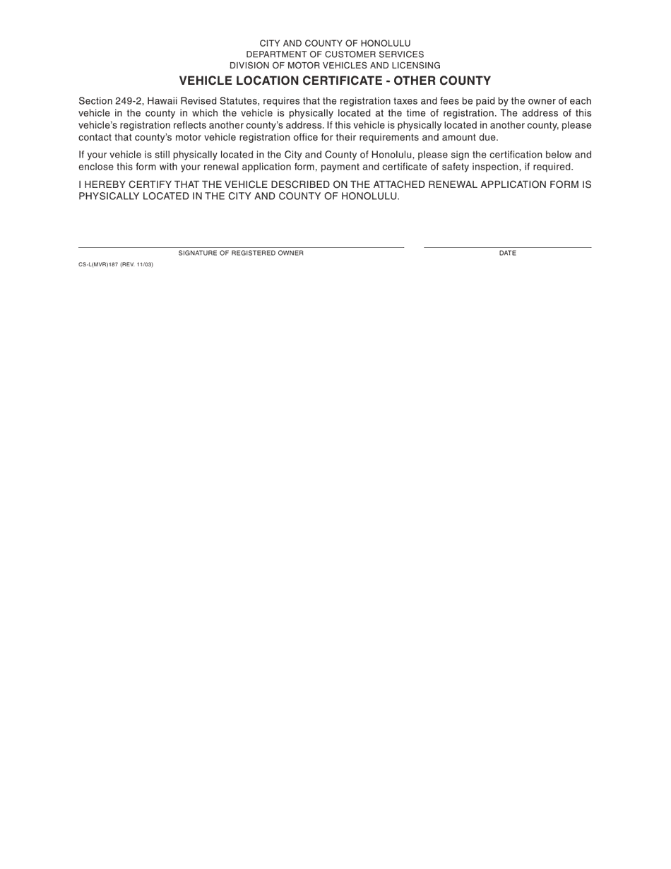 Form CSL(MVR)187 Fill Out, Sign Online and Download Fillable PDF