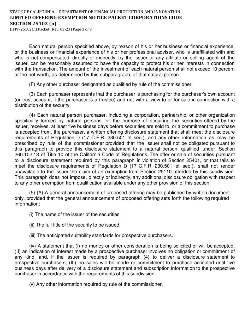 Instructions for Form DFPI-25102(N) Limited Offering Exemption Notice Packet Corporations Code Section 25102 (N) - California, Page 3