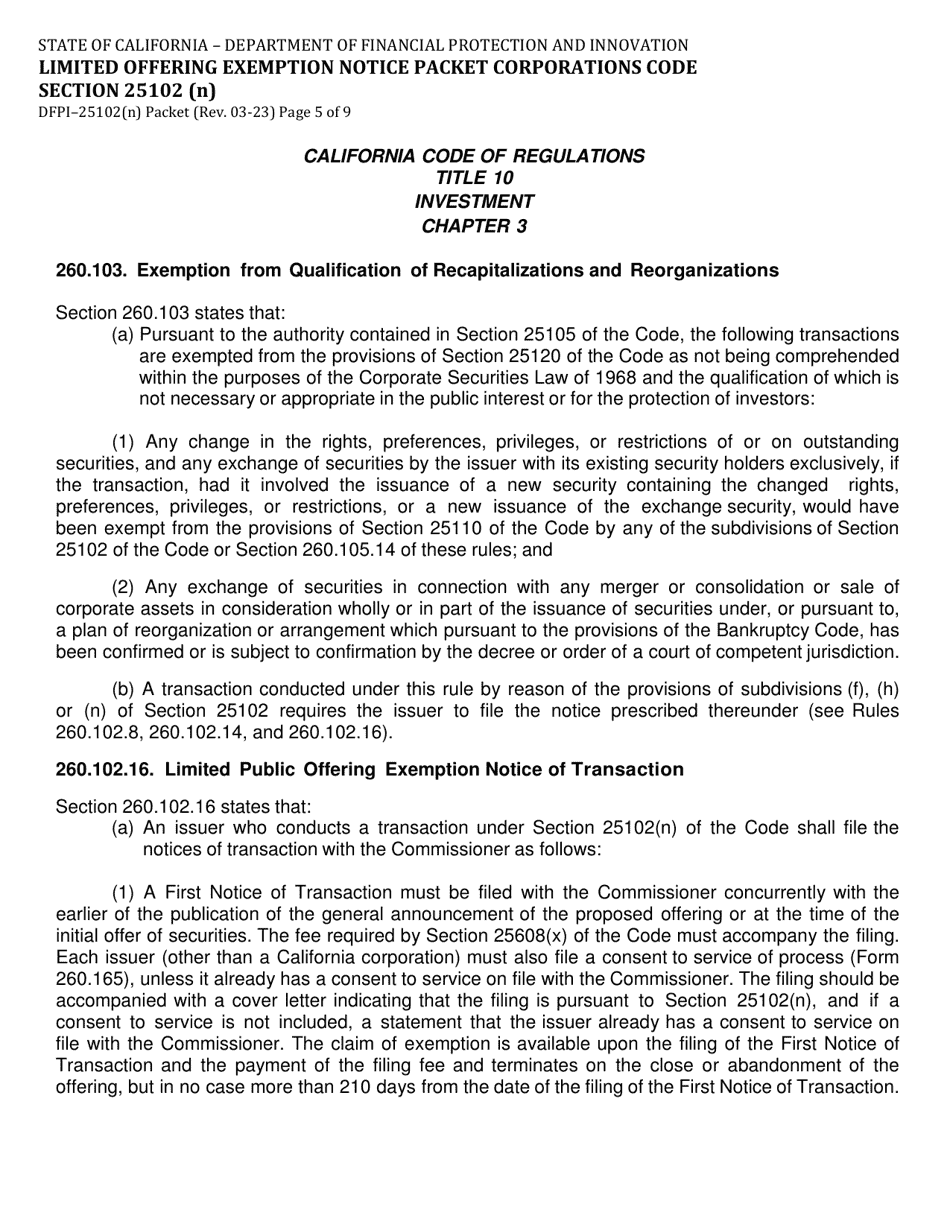 Instructions for Form DFPI-25102(N) Limited Offering Exemption Notice Packet Corporations Code Section 25102 (N) - California, Page 5