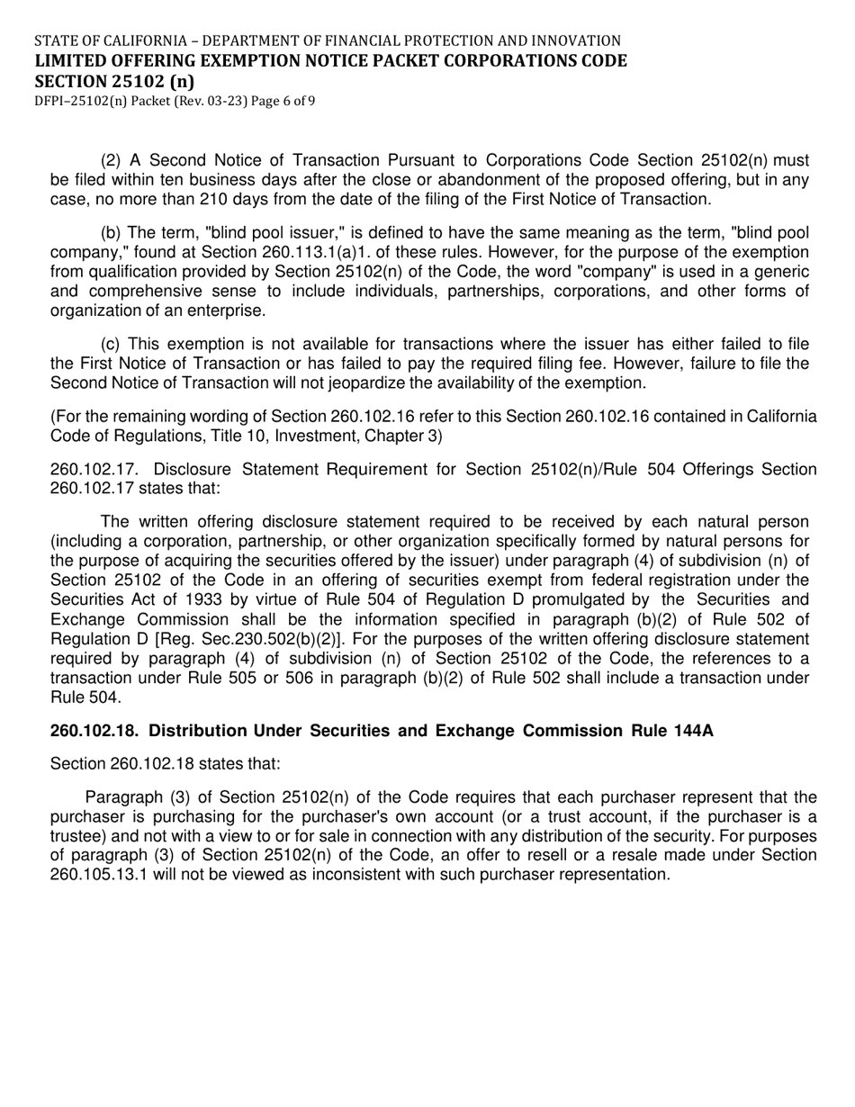 Instructions for Form DFPI-25102(N) Limited Offering Exemption Notice Packet Corporations Code Section 25102 (N) - California, Page 6
