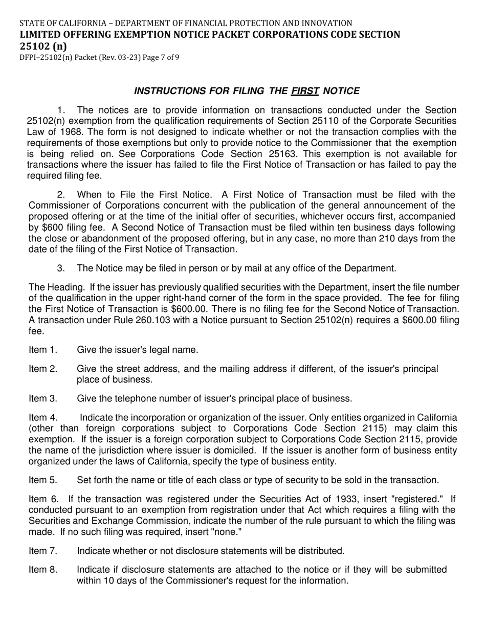 Instructions for Form DFPI-25102(N) Limited Offering Exemption Notice Packet Corporations Code Section 25102 (N) - California, Page 7