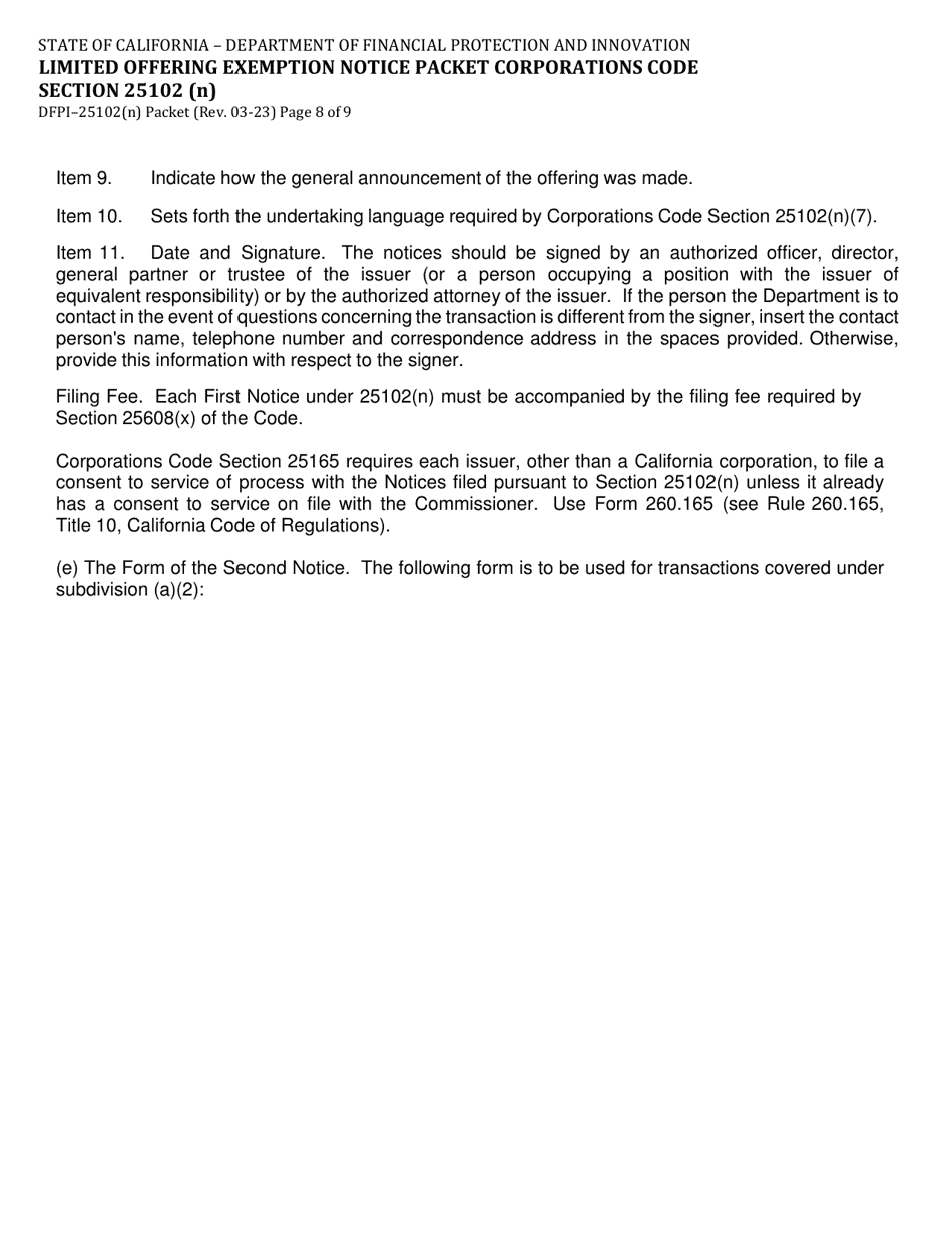 Instructions for Form DFPI-25102(N) Limited Offering Exemption Notice Packet Corporations Code Section 25102 (N) - California, Page 8