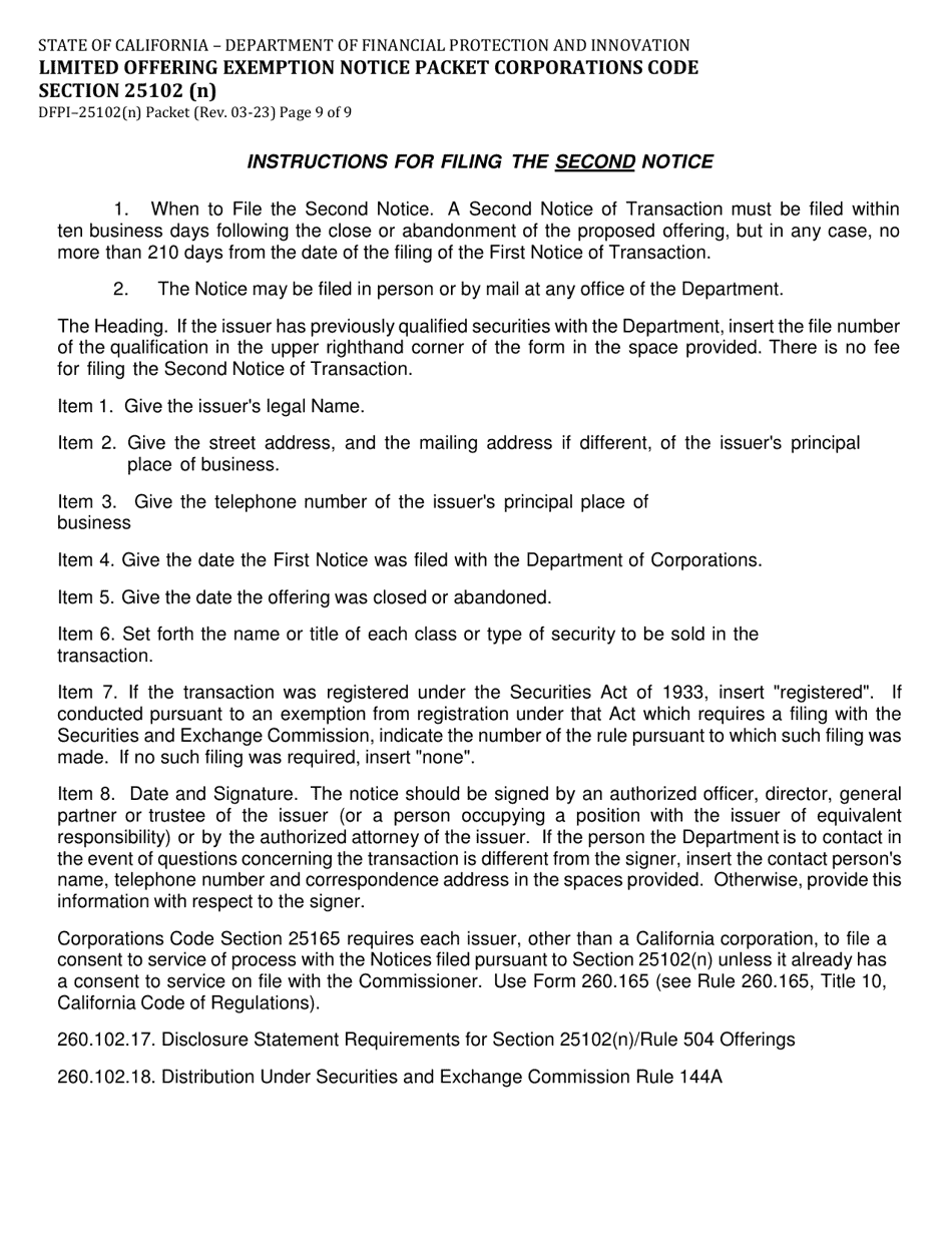 Instructions for Form DFPI-25102(N) Limited Offering Exemption Notice Packet Corporations Code Section 25102 (N) - California, Page 9