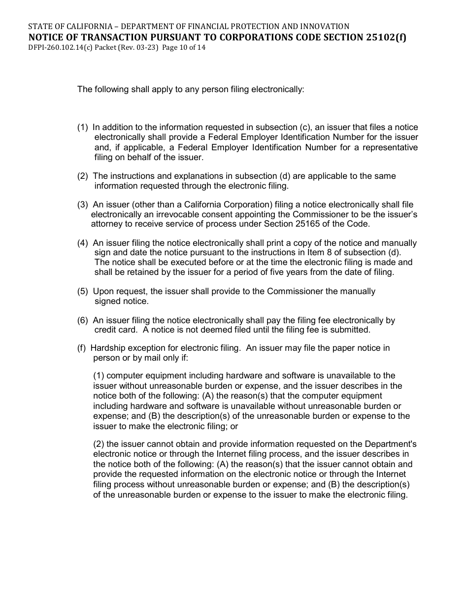 Form DFPI-260.102.14(C) Notice of Transaction Pursuant to Corporations Code Section 25102(F) - California, Page 10