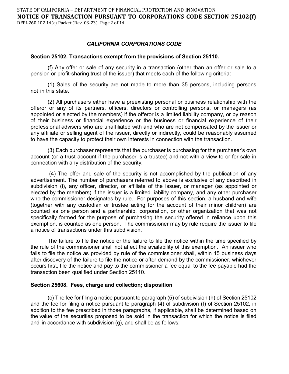 Form DFPI-260.102.14(C) Notice of Transaction Pursuant to Corporations Code Section 25102(F) - California, Page 2