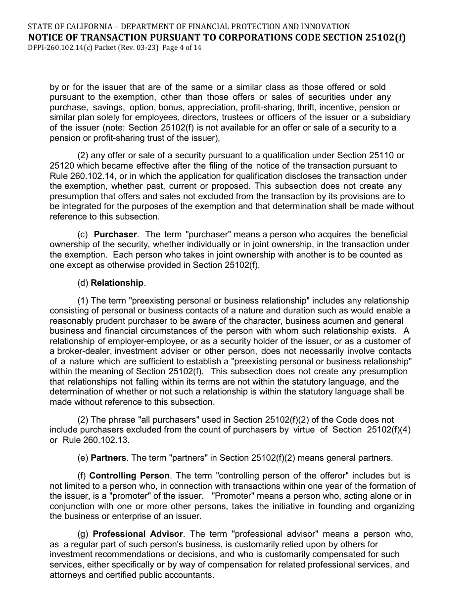 Form DFPI-260.102.14(C) Notice of Transaction Pursuant to Corporations Code Section 25102(F) - California, Page 4