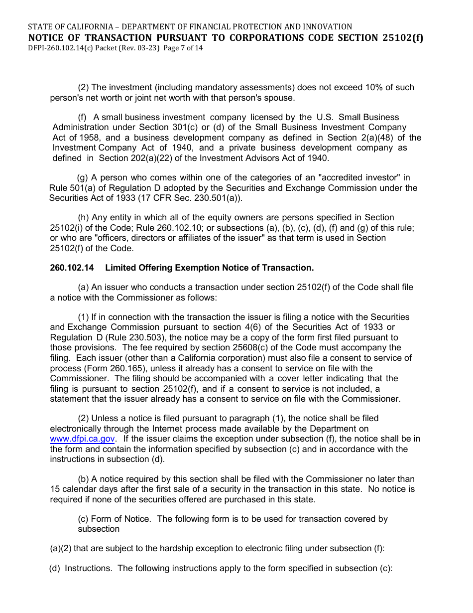 Form DFPI-260.102.14(C) Notice of Transaction Pursuant to Corporations Code Section 25102(F) - California, Page 7