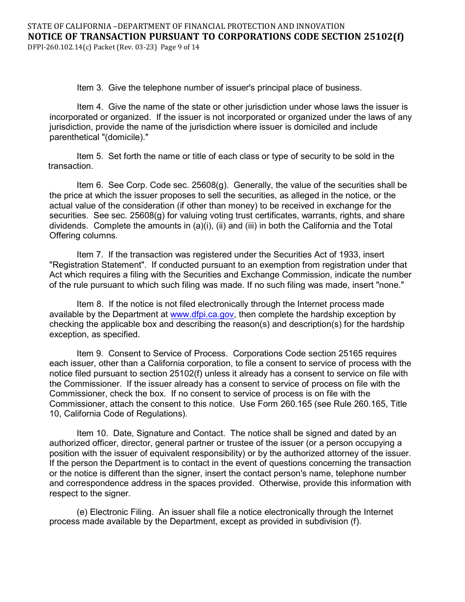 Form DFPI-260.102.14(C) Notice of Transaction Pursuant to Corporations Code Section 25102(F) - California, Page 9
