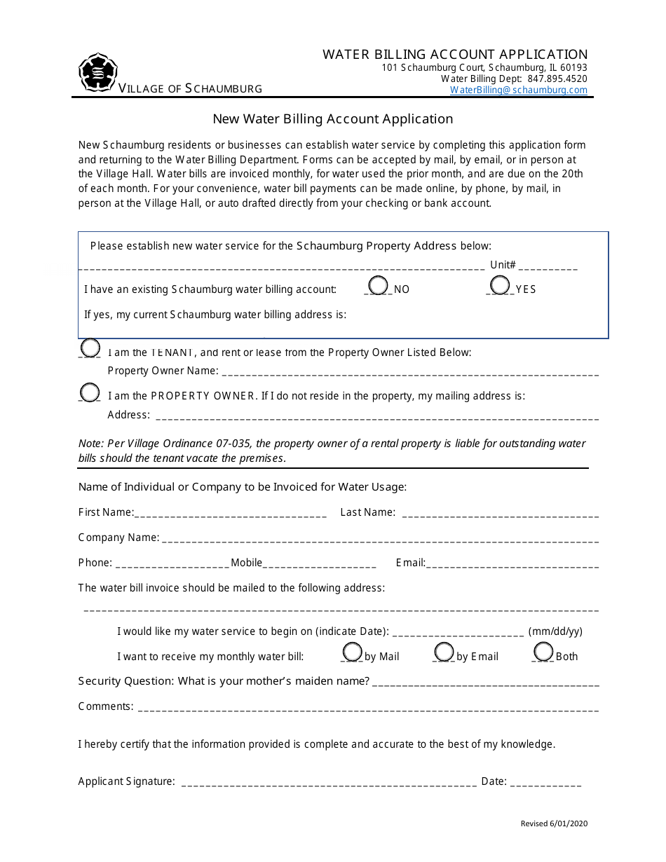 Village of Schaumburg, Illinois New Water Billing Account Application