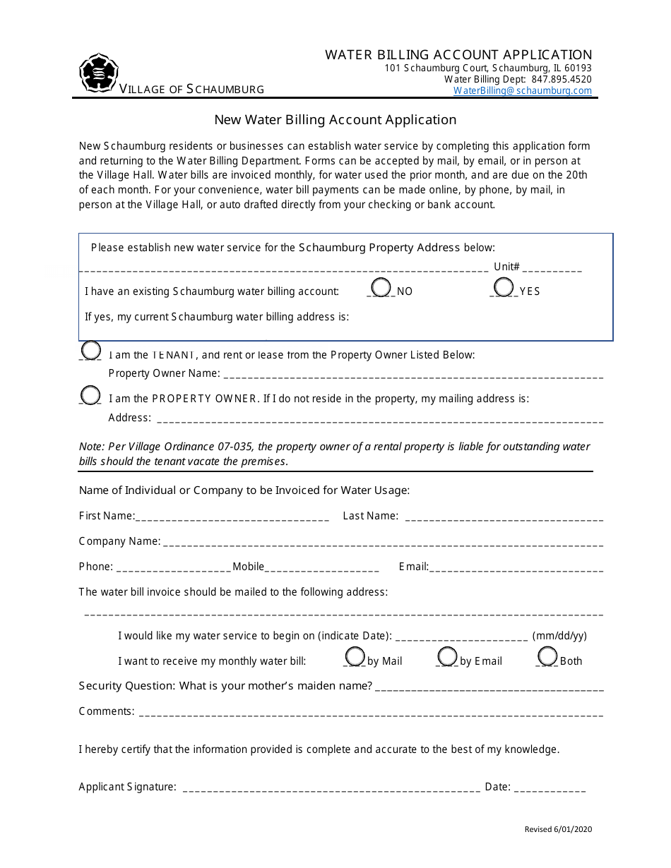 New Water Billing Account Application - Village of Schaumburg, Illinois, Page 1