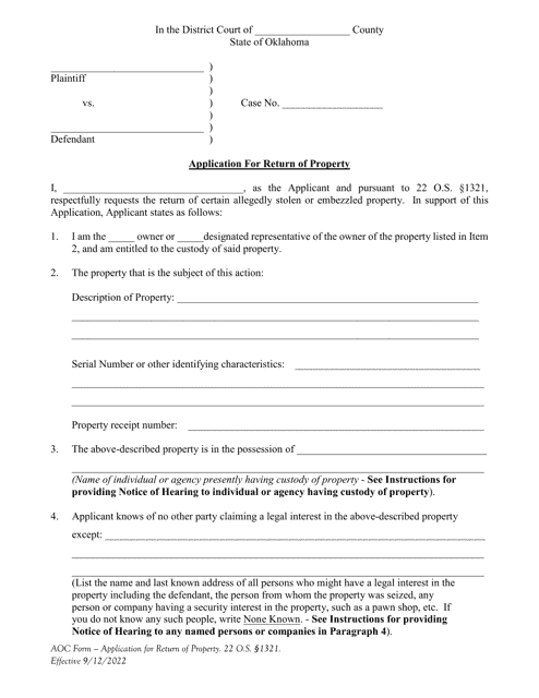 Application for Return of Allegedly Stolen or Embezzled Property - Oklahoma Download Pdf