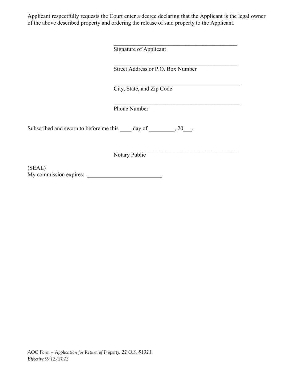 Application for Return of Allegedly Stolen or Embezzled Property - Oklahoma, Page 2