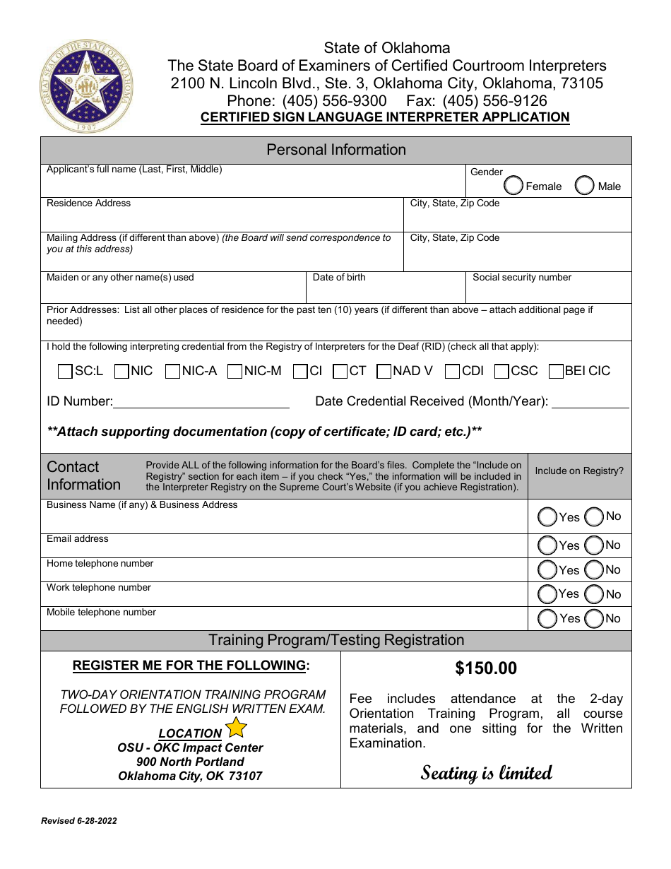 Certified Sign Language Interpreter Application - Oklahoma, Page 1