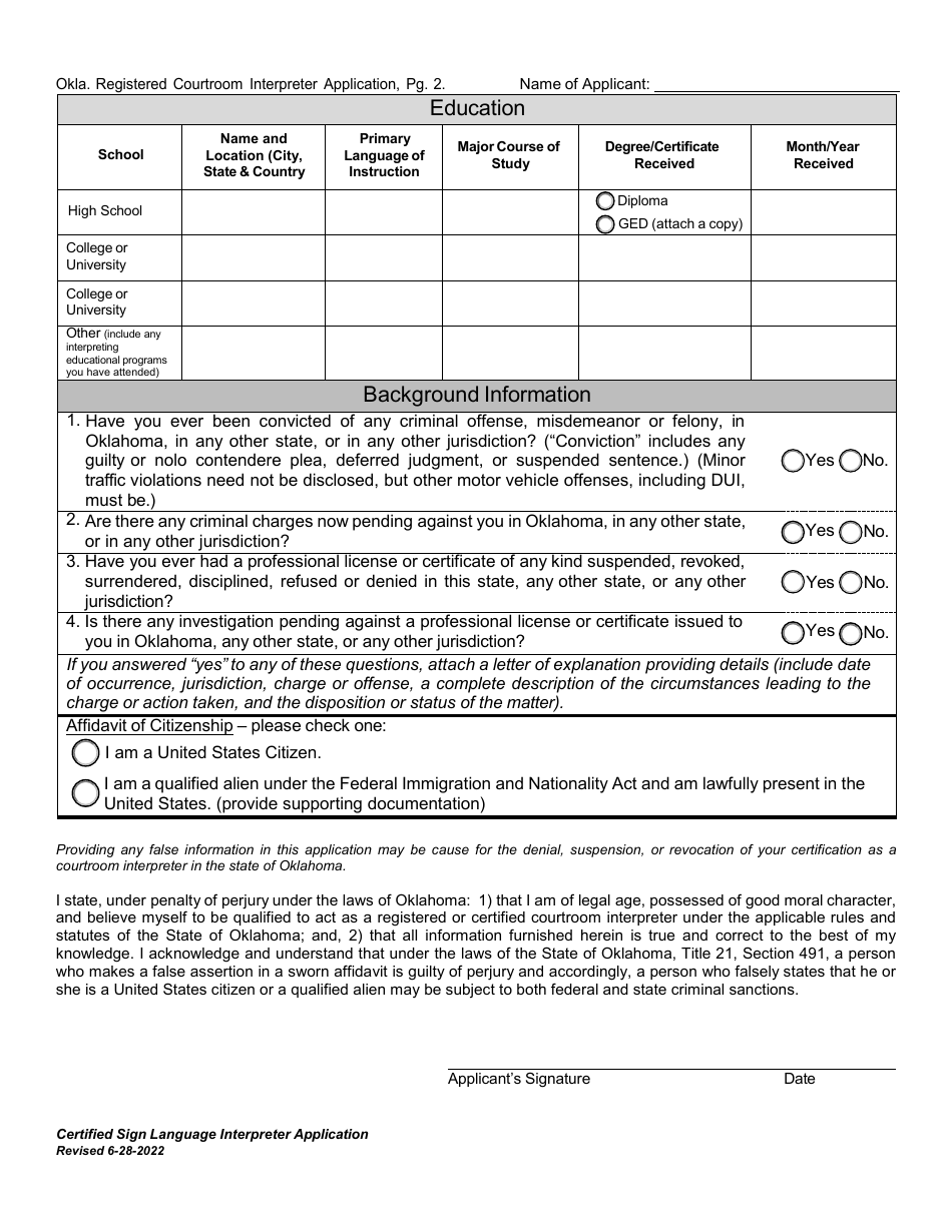 Certified Sign Language Interpreter Application - Oklahoma, Page 2