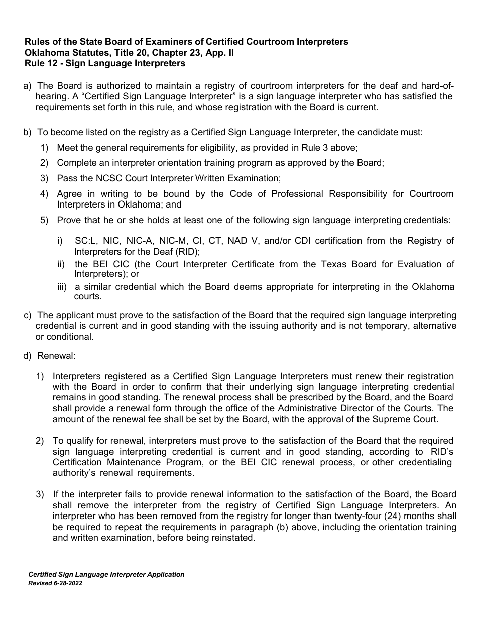 Oklahoma Certified Sign Language Interpreter Application Fill Out