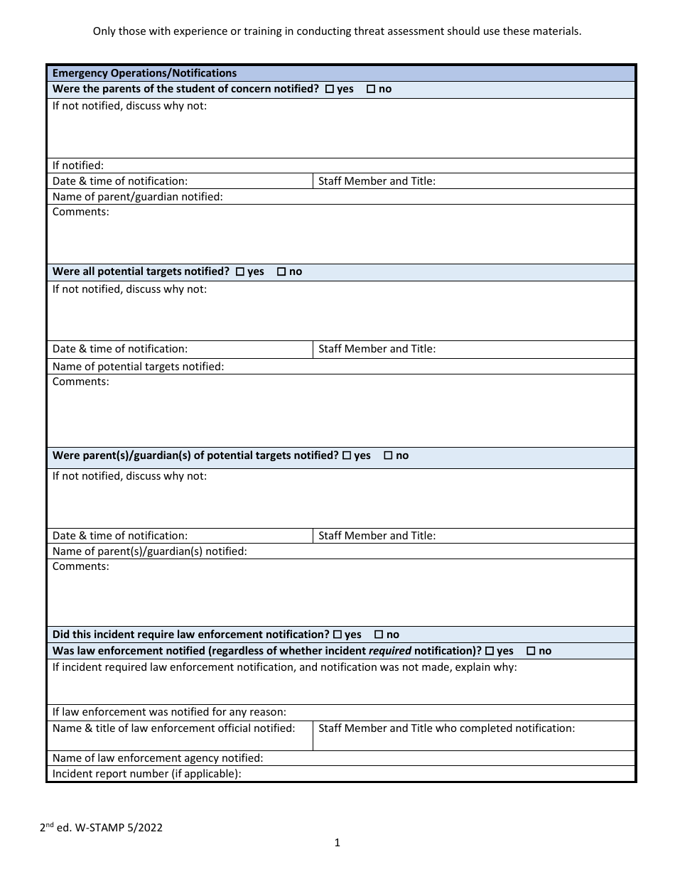 Wisconsin School Threat Assessment Form - Phase I - Emergency Operations / Notifications - Wisconsin, Page 1
