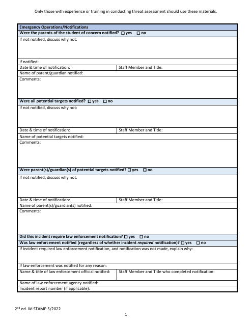 Wisconsin School Threat Assessment Form - Phase I - Emergency Operations / Notifications - Wisconsin Download Pdf