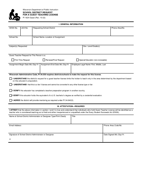 Form PI1624-GUEST School District Request for a Guest Teaching License - Wisconsin