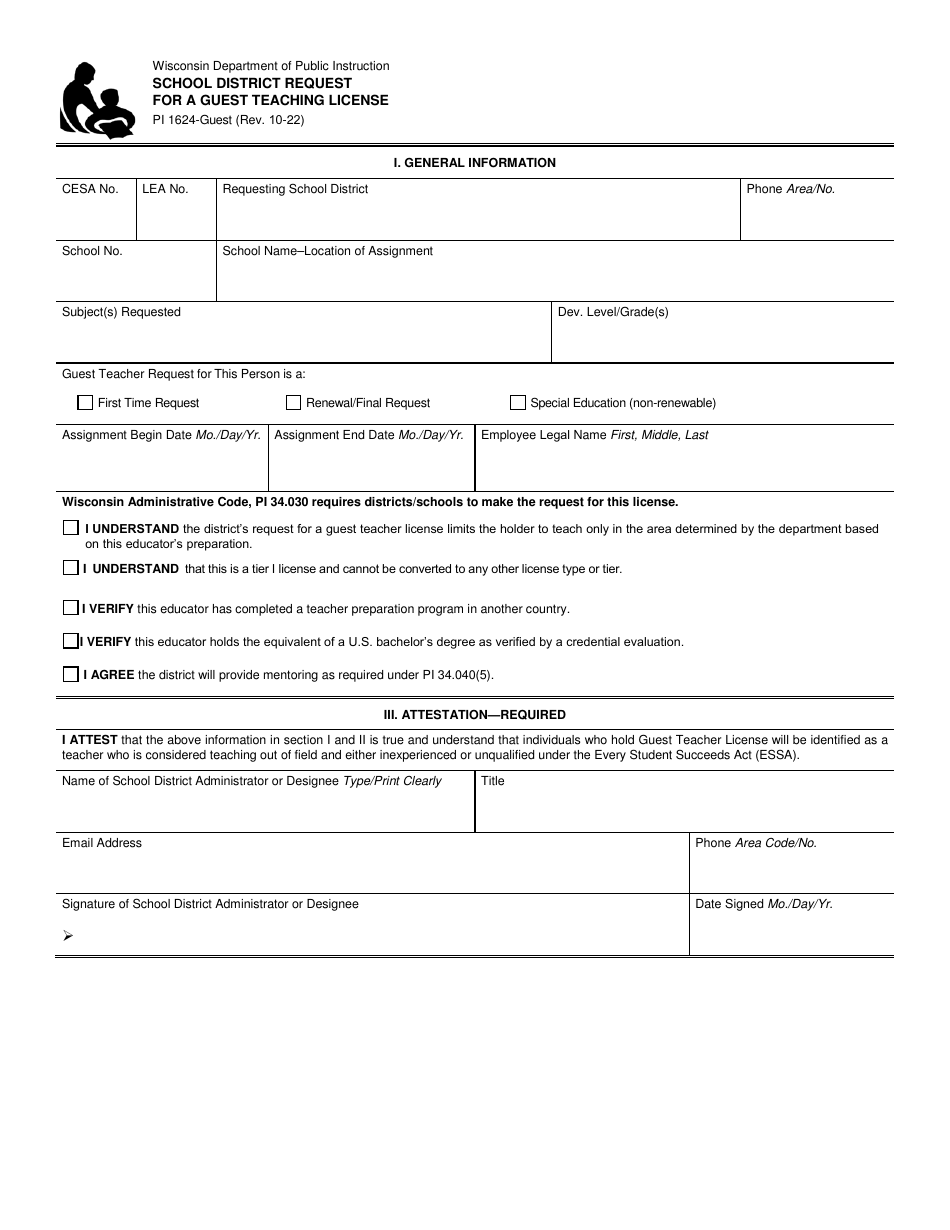 Form PI1624-GUEST School District Request for a Guest Teaching License - Wisconsin, Page 1