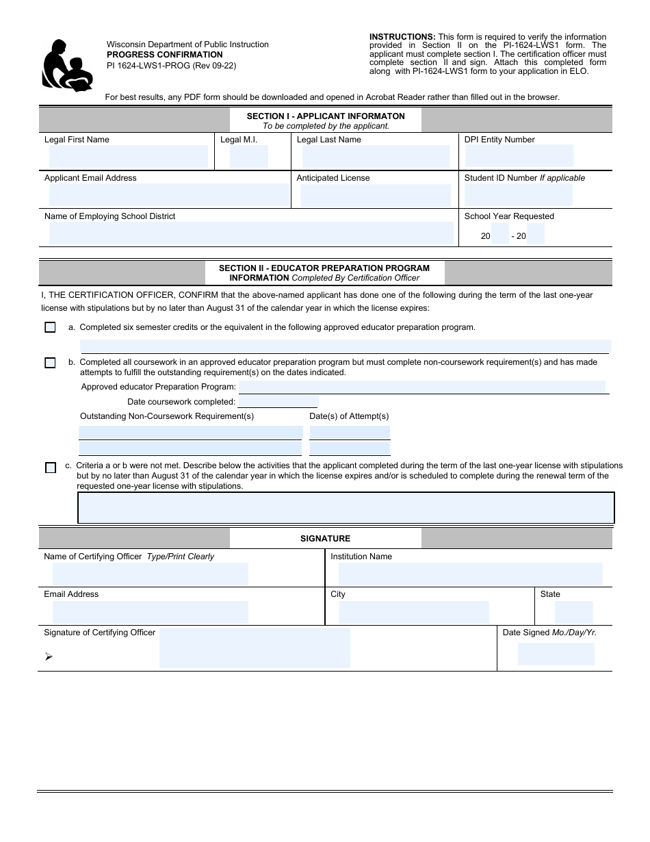 Form PI1624-LWS1-PROG Progress Confirmation - Wisconsin, Page 1