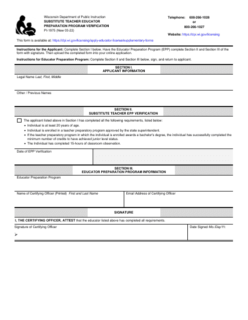 Form PI-1975 Substitute Teacher Educator Preparation Program Verification - Wisconsin