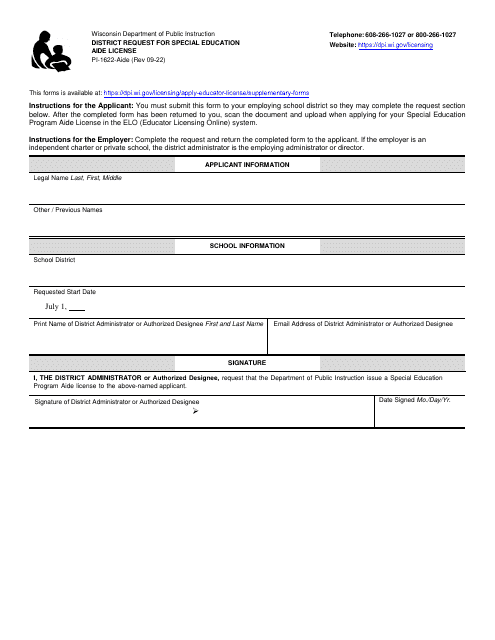 Form PI-1622-AIDE District Request for Special Education Aide License - Wisconsin
