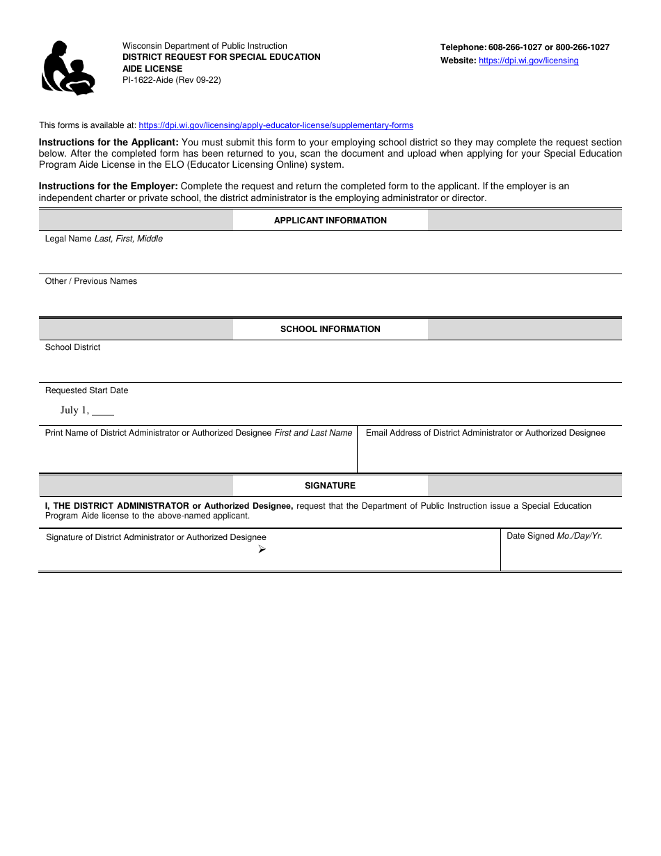 Form PI-1622-AIDE District Request for Special Education Aide License - Wisconsin, Page 1