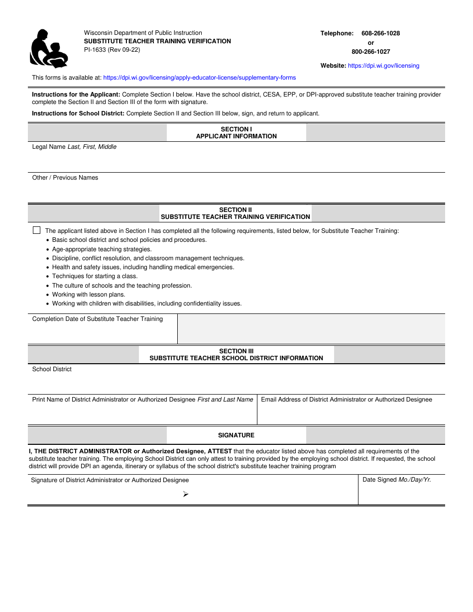 Form PI-1633 Substitute Teacher Training Verification - Wisconsin, Page 1