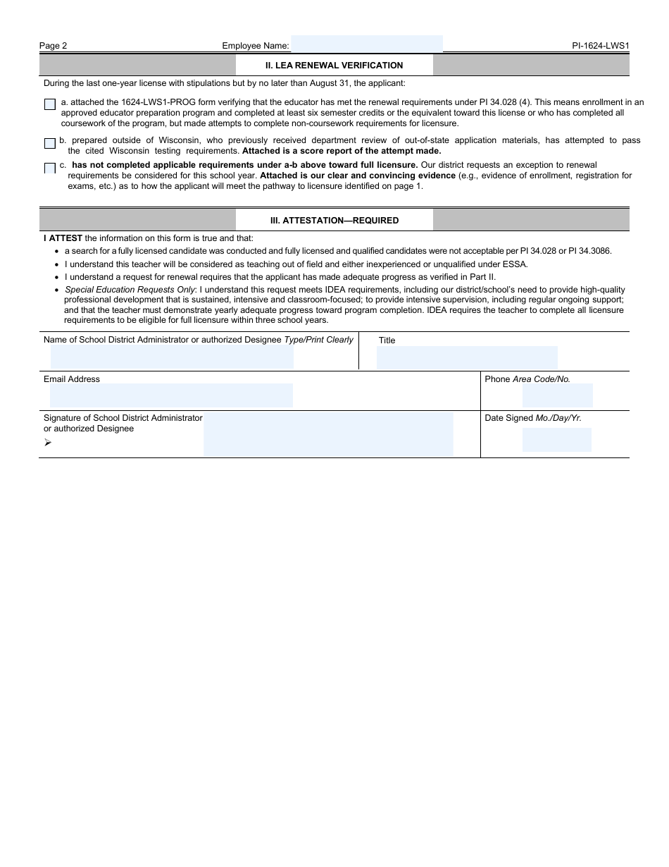 Form PI1624-LWS1 School District Request for a License With Stipulations for a Teaching Subject, Pupil Services Position, or Educational Interpreter - Wisconsin, Page 2