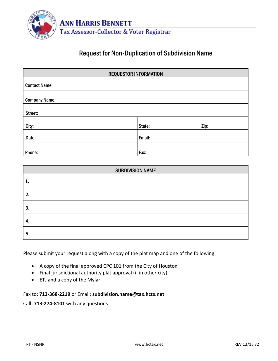 Form PT-NSNR Request for Non-duplication of Subdivision Name - Harris County, Texas, Page 1