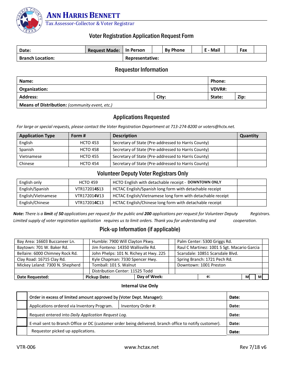 Form VTR-006 Volunteer Deputy Voter Registrars Only - Harris County, Texas, Page 1