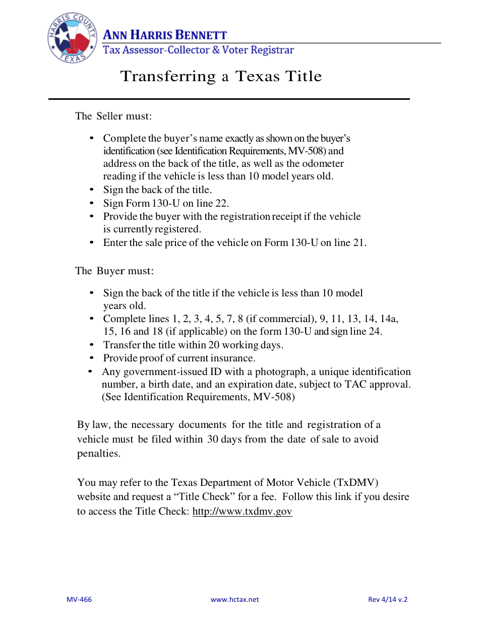 Form MV-466 Transferring a Texas Title - Harris County, Texas, Page 1