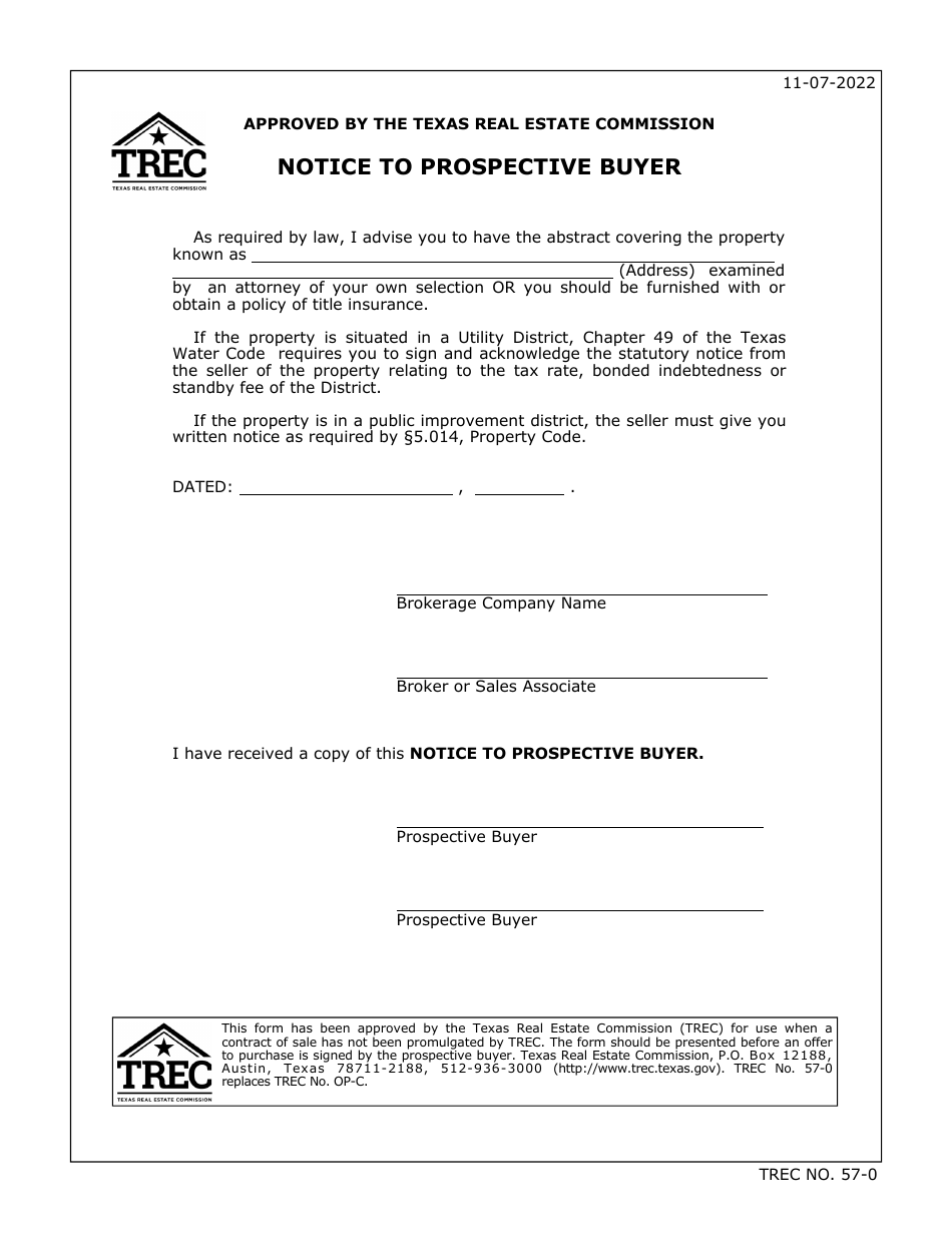 TREC Form 57-0 Notice to Prospective Buyer - Texas, Page 1