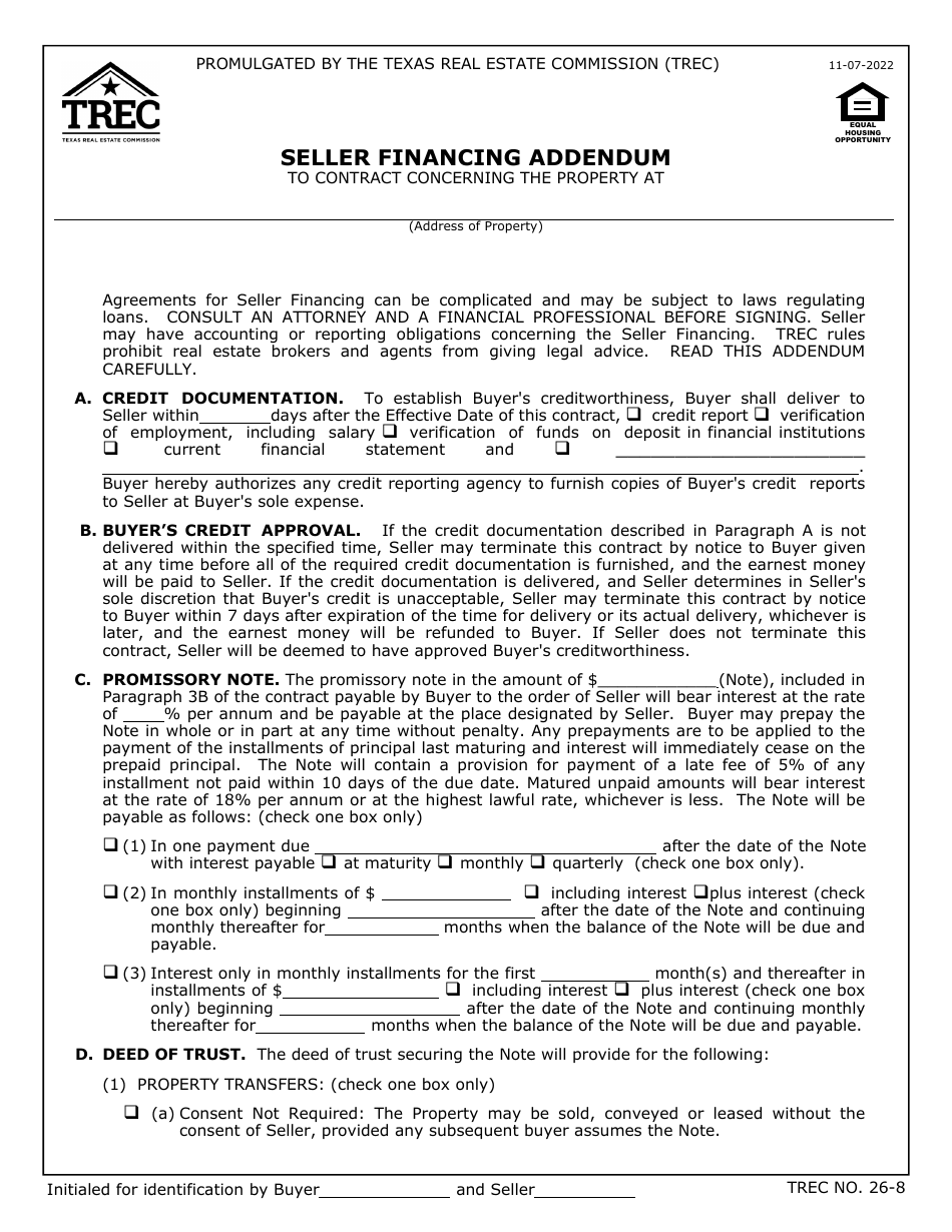 Form 26-8 Seller Financing Addendum - Texas, Page 1