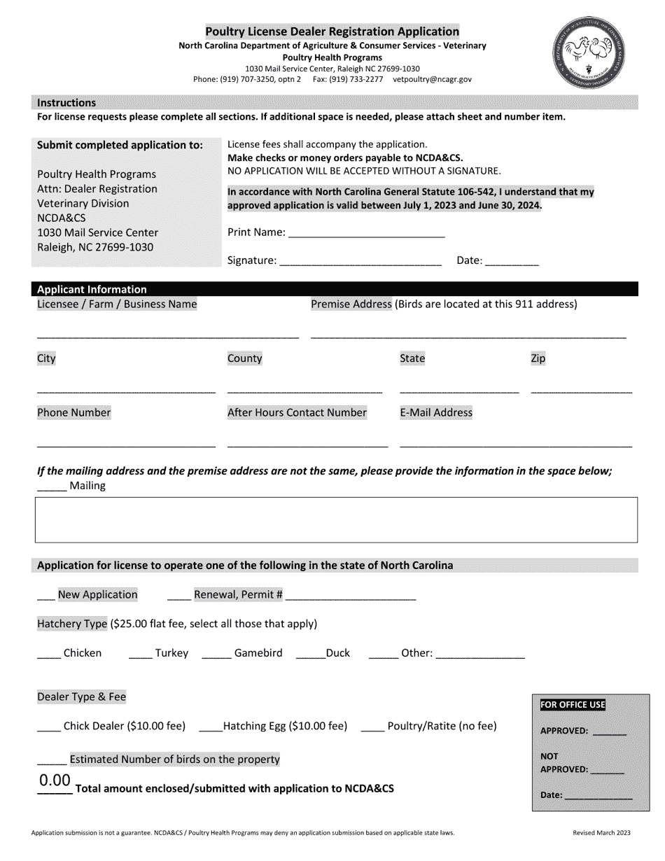 Poultry License Dealer Registration Application - North Carolina, Page 1