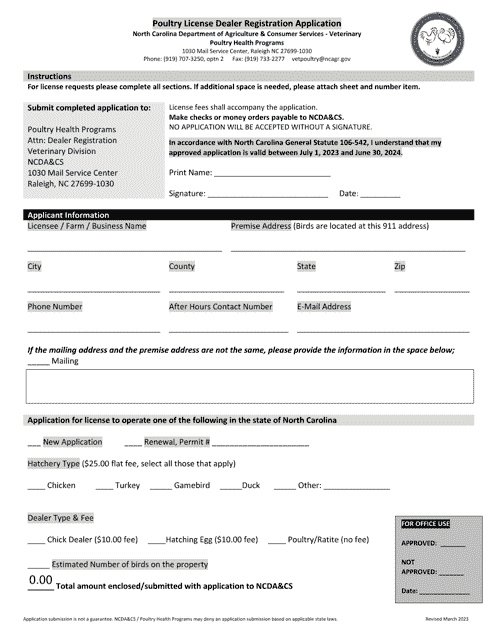 Poultry License Dealer Registration Application - North Carolina, 2024
