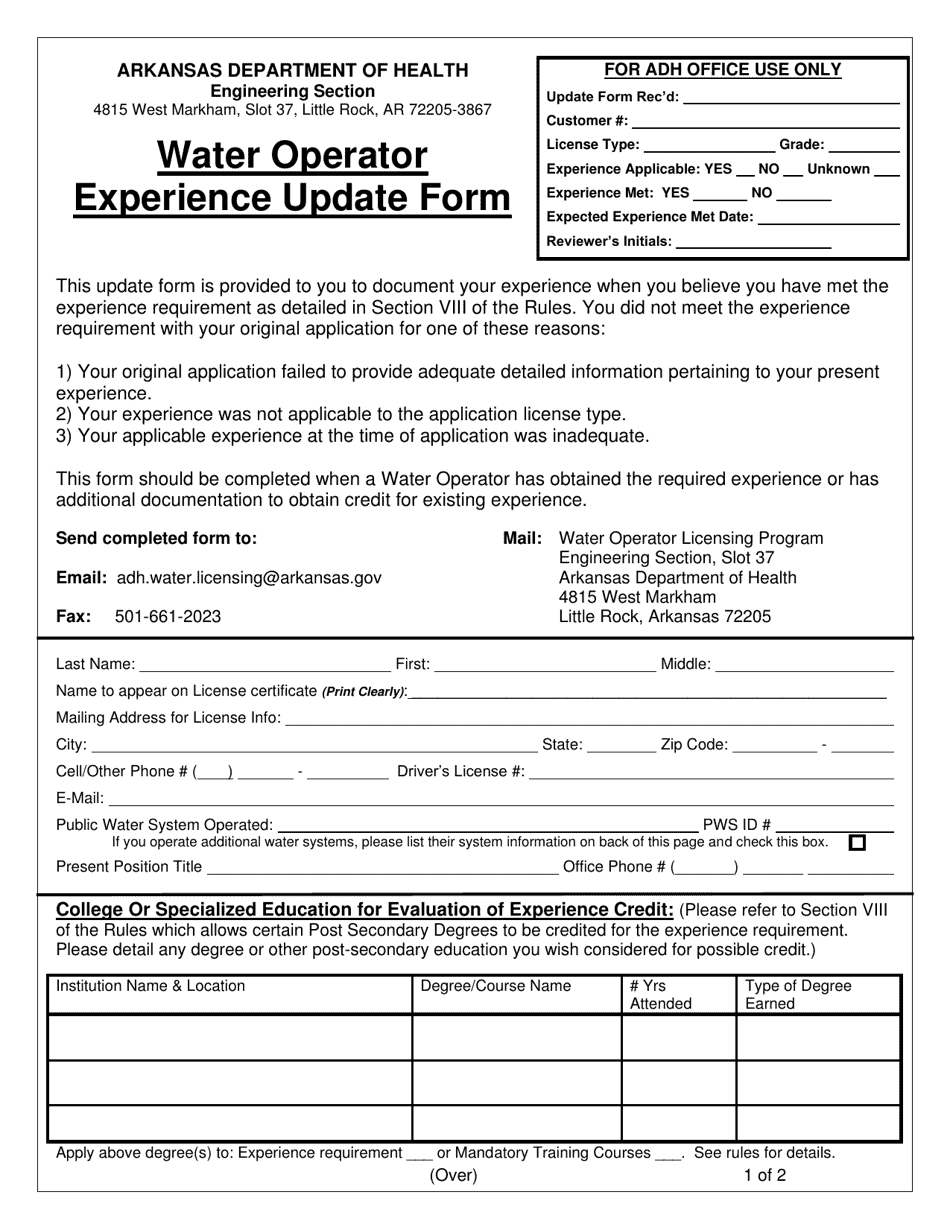 Water Operator Experience Update Form - Arkansas, Page 1