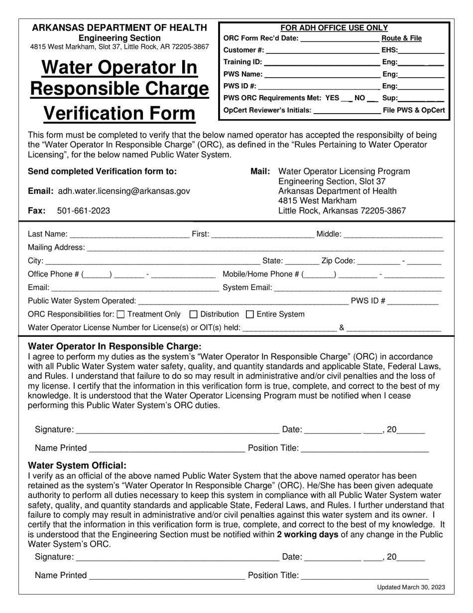 Water Operator in Responsible Charge Verification Form - Arkansas, Page 1