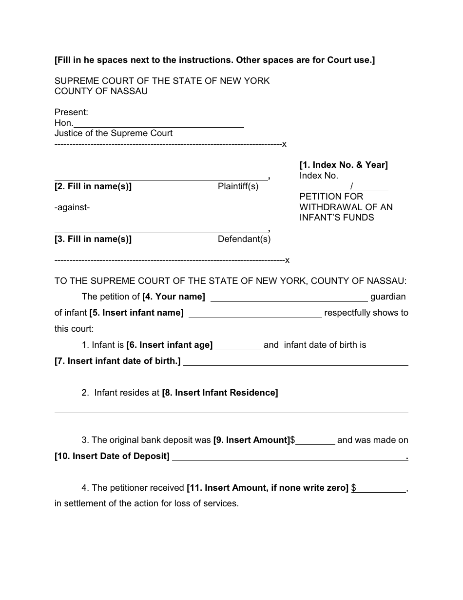 Form 13 Petition for Withdrawal of an Infants Funds - Nassau County, New York, Page 1