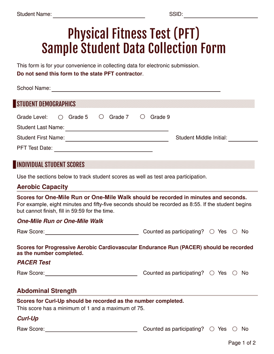 Physical Fitness Test (Pft) Sample Student Data Collection Form - California, Page 1