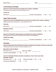 Physical Fitness Test (Pft) Sample Student Data Collection Form - California, Page 2
