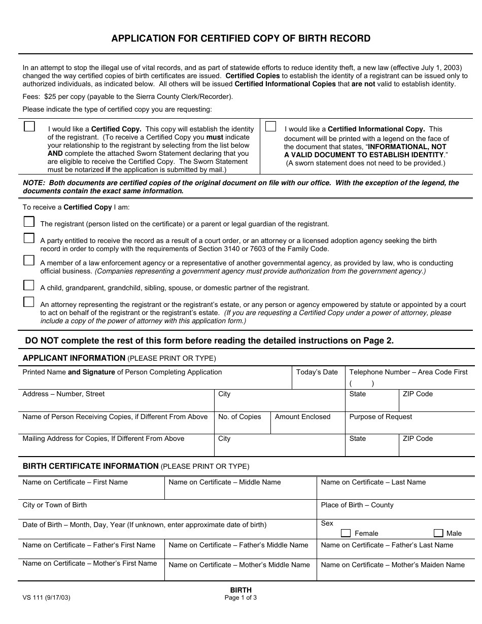 Form VS111 Application for Certified Copy of Birth Record - Sierra County, California, Page 1