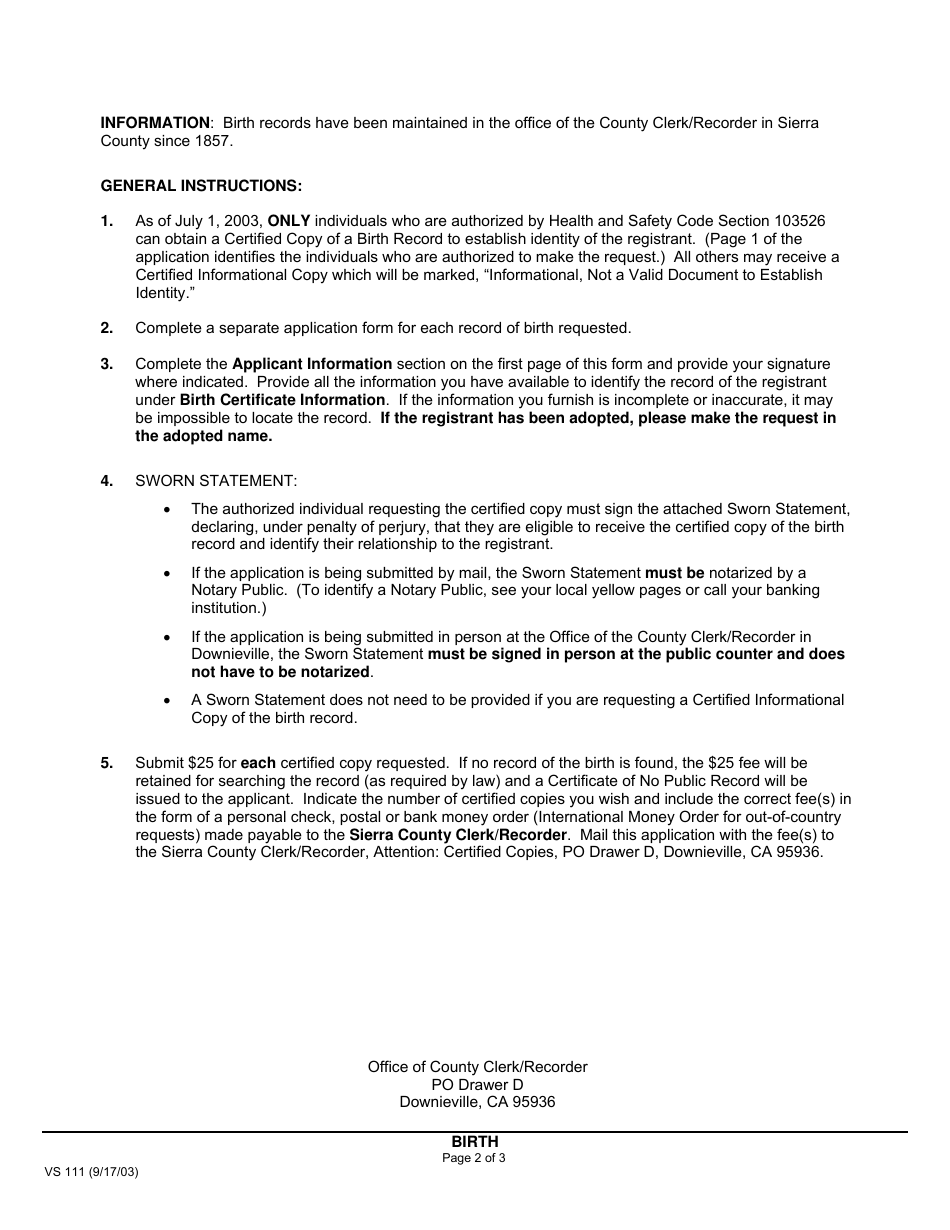 Form VS111 Application for Certified Copy of Birth Record - Sierra County, California, Page 2