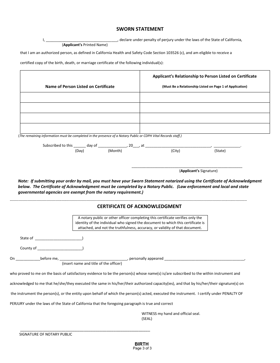 Form VS111 Application for Certified Copy of Birth Record - Sierra County, California, Page 3