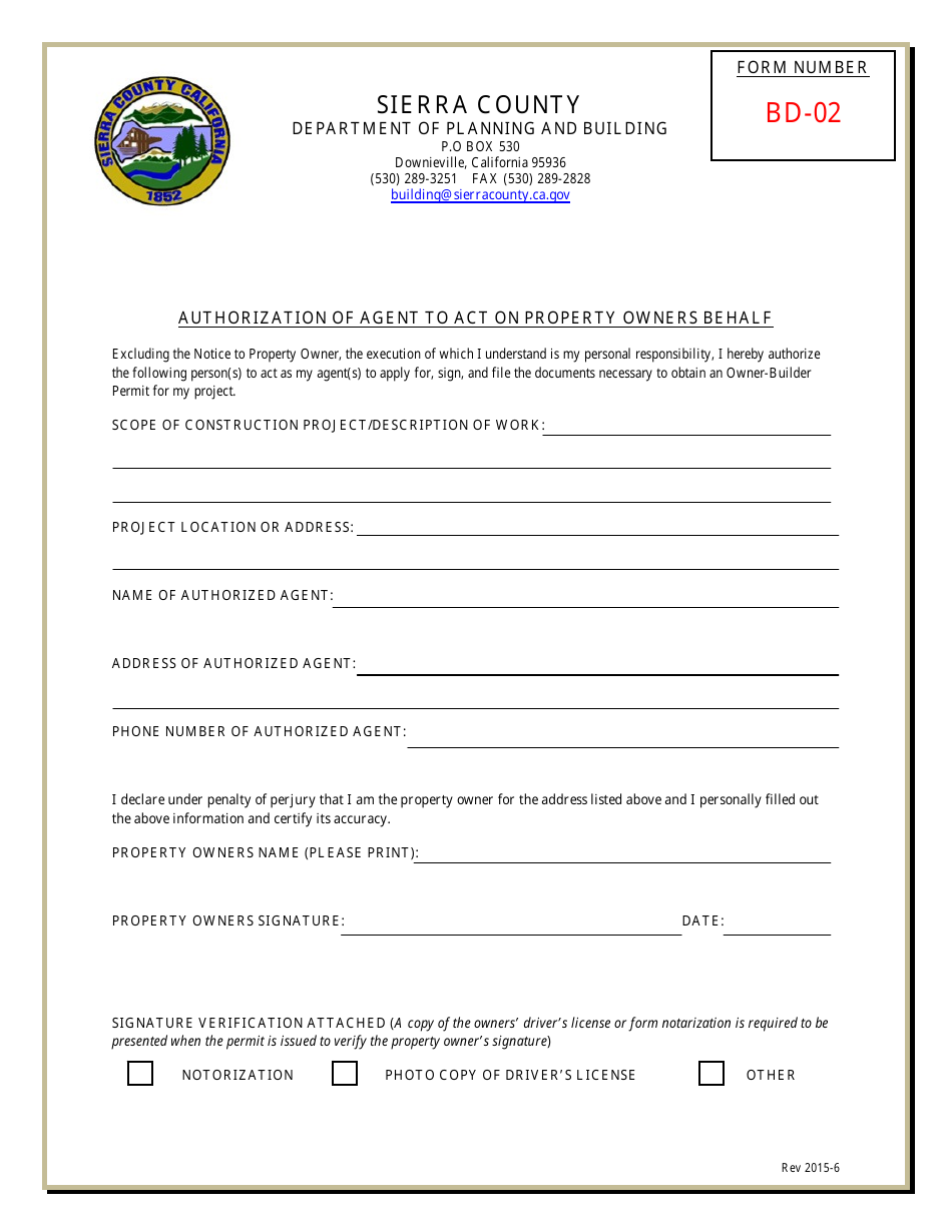 Form BD-02 Authorization of Agent to Act on Property Owners Behalf - Sierra County, California, Page 1